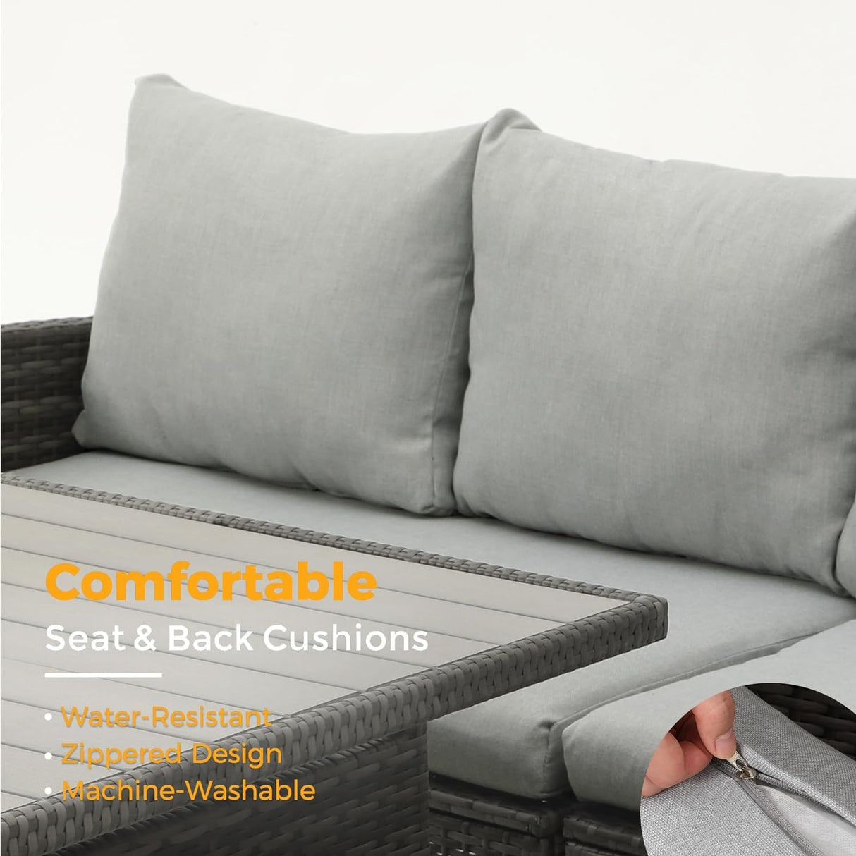 Wisteria Lane Patio Furniture Set, 7 Piece High Curved Back Outdoor Dining Sectional Sofa with Dining Table and Chair, All Weather Wicker Conversation Set with Ottoman, Grey Wisteria Lane