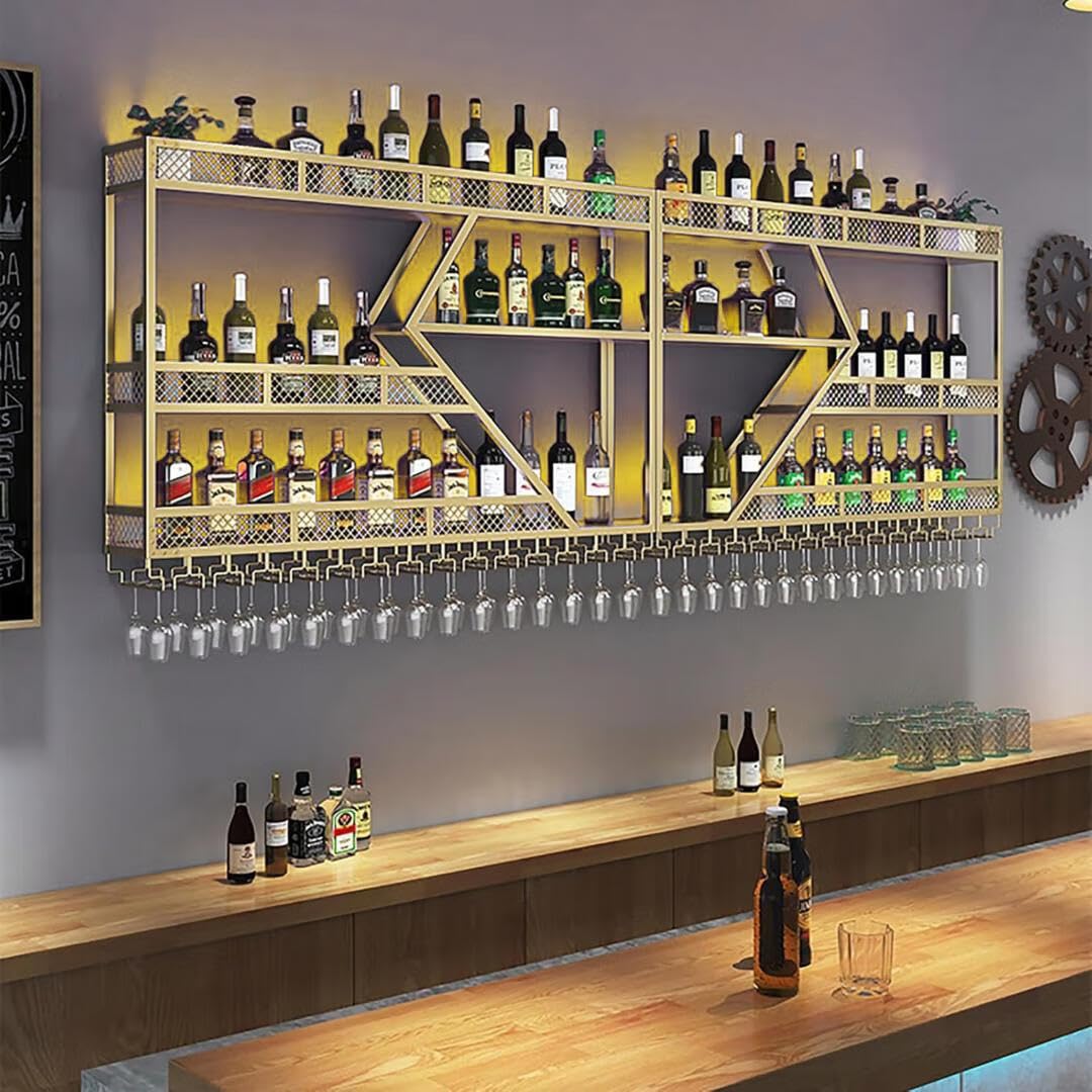 Wall Mounted 79in Wine Rack with LED Lighting Glass Holder, Liquor Bottles Shelves Display Storage Organizer Hanging Long Stemware Goblet Metal for Home Mini Bar Cellar Golden Generic