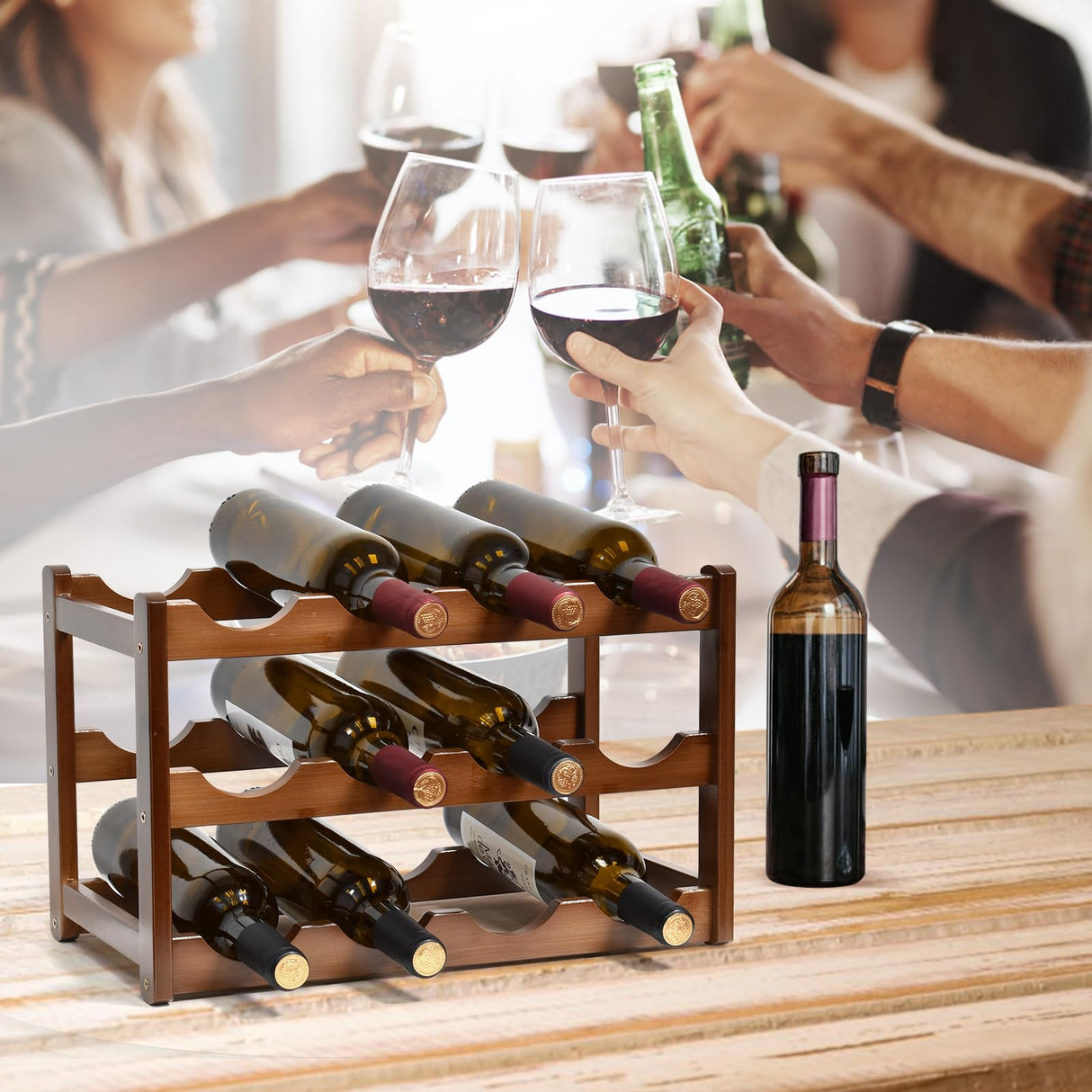 IWNTWY Wine Rack, 12 Bottles 3-Tier Free Standing Wine Racks, Bamboo Wine Rack Countertop Holder Storage Shelf for Kitchen Cabinet Dining Room Bar (Brown) IWNTWY