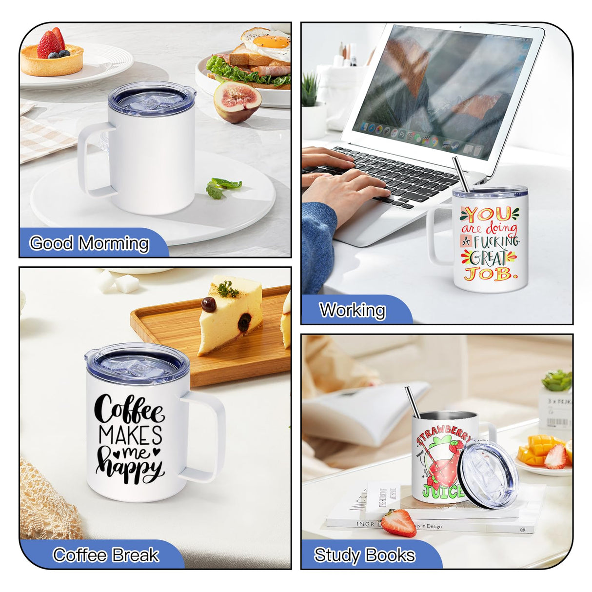 AGH 4 Pack Sublimation Mugs Blanks, 12 oz Stainless Steel Sublimation Coffee Tumbler with Handle and Sliding Lid, Sublimation Tumblers Blanks, Double Walled Vacuum Insulation for Coffee AGH