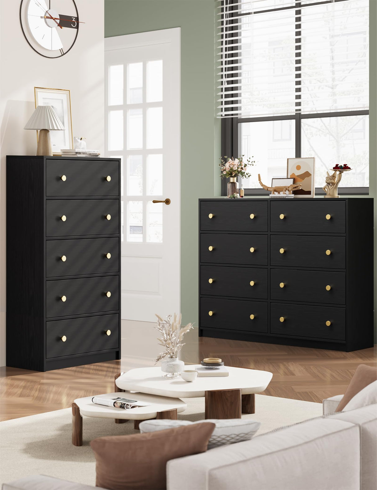 Nicehill Black Dresser for Bedroom with 5 Drawers, Fabric Dresser Storage Tower, Chest of Drawers for Closet, Living Room, Hallway, Entryway,Wood Dresser(Black) Nicehill