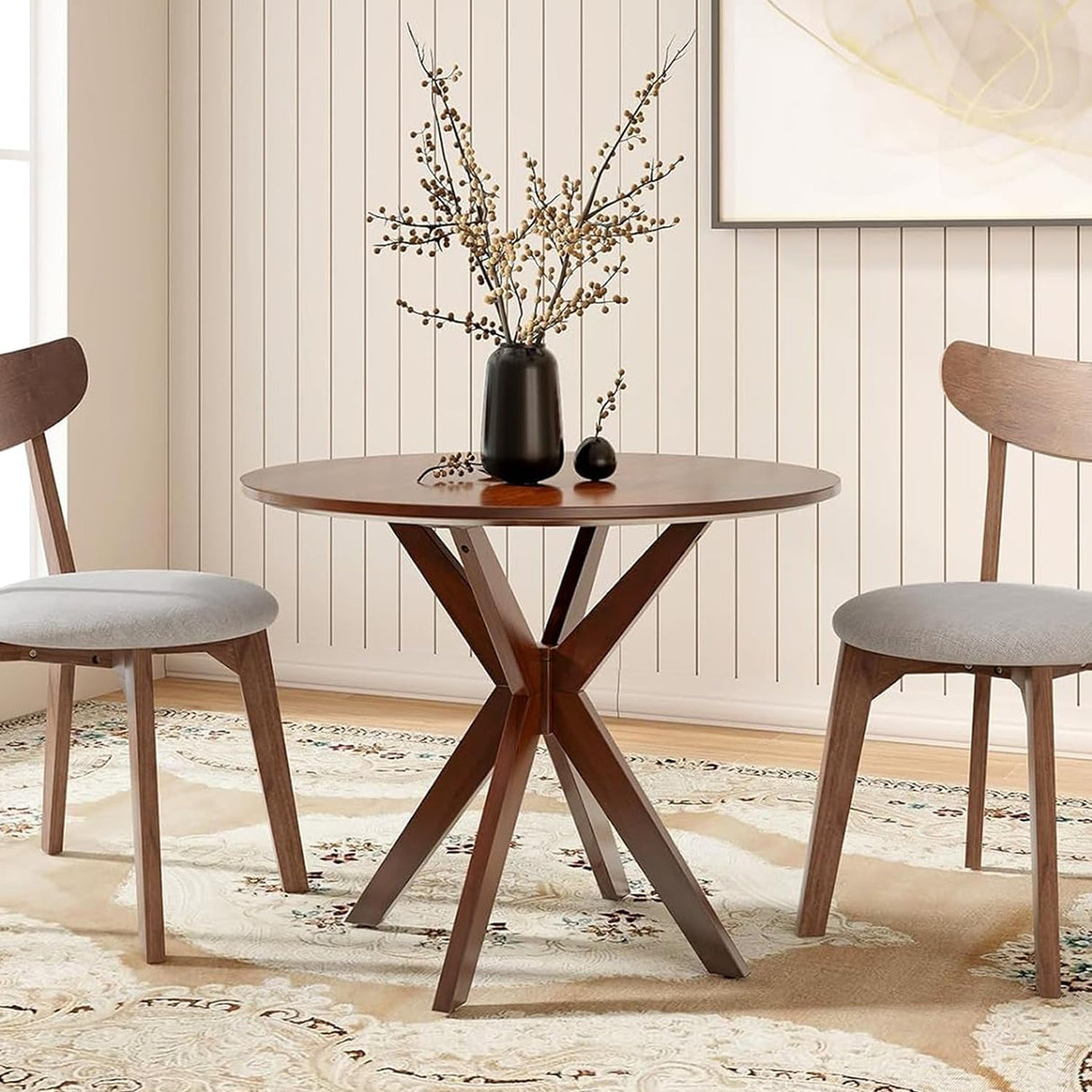 ERGOMASTER Round Dining Table for 2 to 4 Seater, Solid Wood Kitchen Table, Compact Side Table - 36 Inch Walnut Wood Tabletop - Trestle Pedestal Base - Ideal for Home, Apartment, Small Space ERGOMASTER