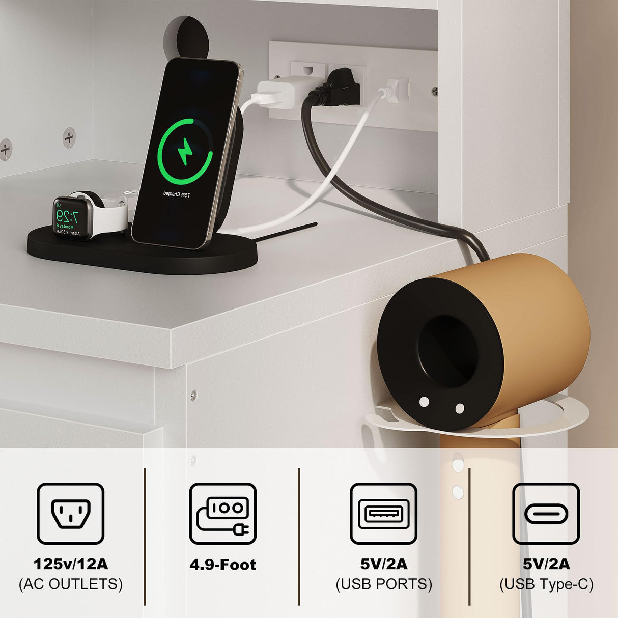 Decofy Vanity Desk with Mirror and 12 LED Lights, Makeup Vanity Table with USB & Power Outlets, 4 Drawers and Hairdryer Holder, Padded Stool with Storage, White Decofy