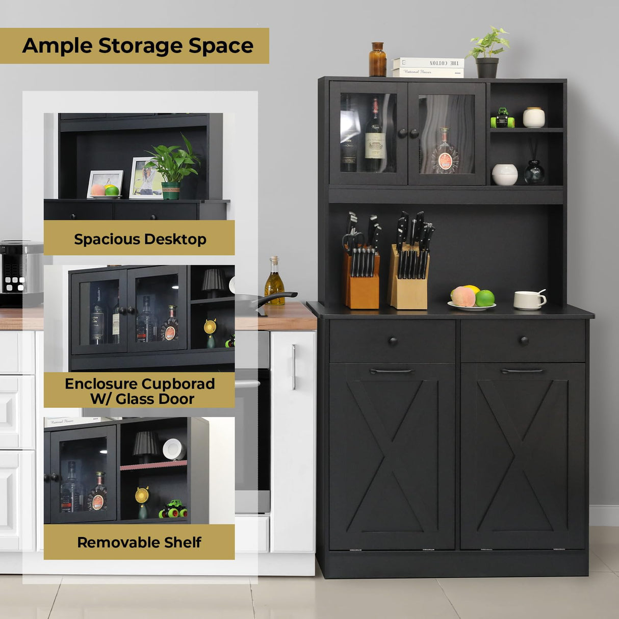 Arlopu Dual Tilt Out Trash&Storage Cabinet, Kitchen Sideboard Cupboard W/Pet Proof 10X2 Gal Hidden Garbage Holder, Freestand Laundry Sort Cabinet, W/Drawer, Shelves,Barn Door (Black) Arlopu