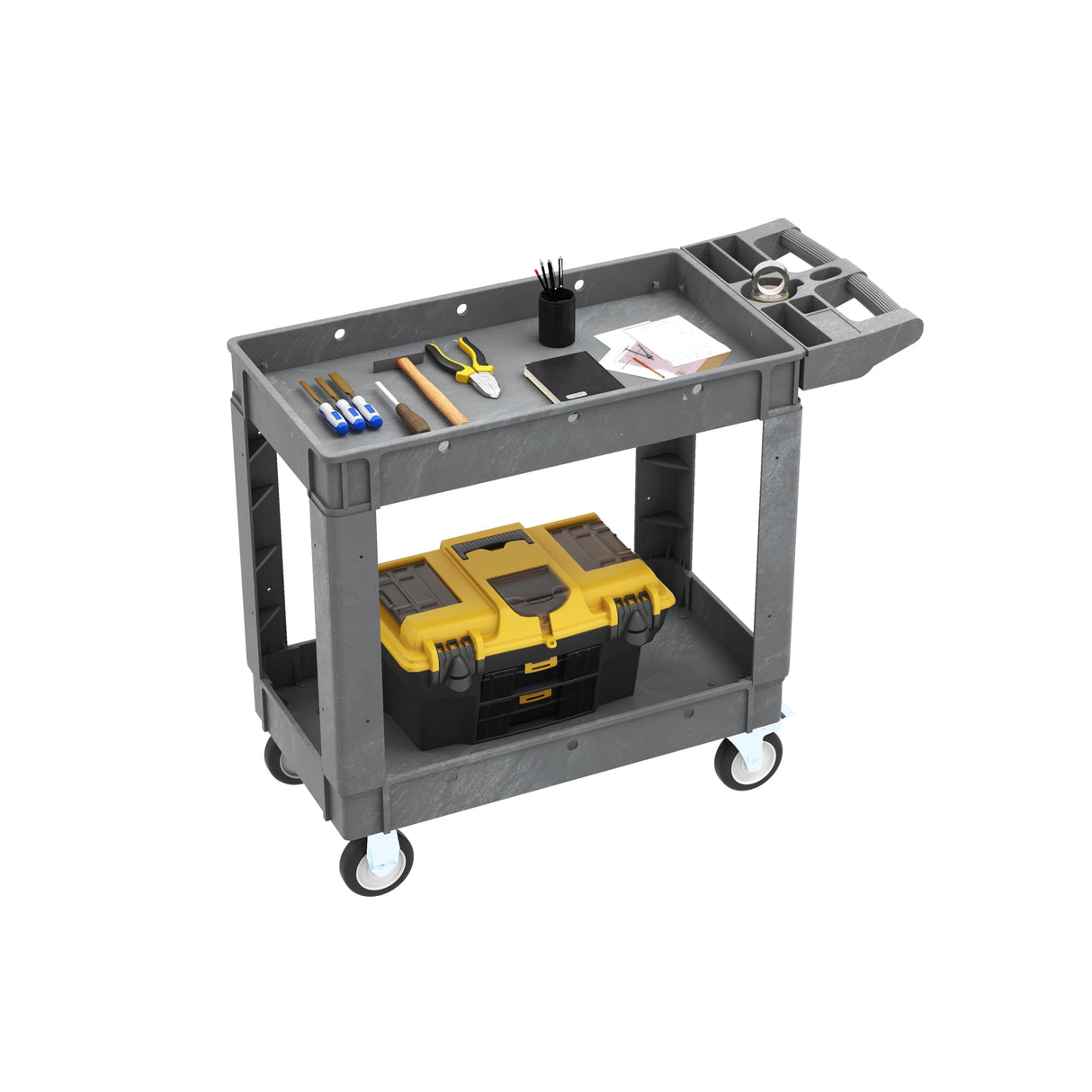 DWVO Utility Service Cart on Wheels, 550 lbs Capacity, 40 x 17 Inch Rolling Work Carts with Wheels, 2 Shelf Heavy Duty Plastic Cart Suitable for Warehouse, Garage, School & Office, Cleaning, Gray DWVO