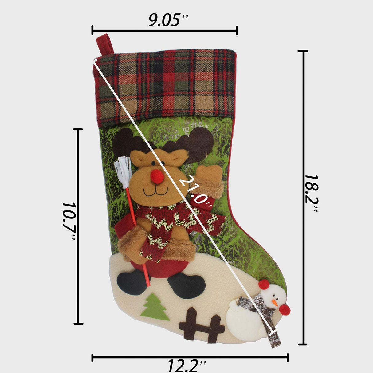 ETERAMUS 21 inch Plaid Christmas Stockings Deer, Bear, Animal One Piece, Felt Large Plush 3D Reindeer Snowman Design Hanging Stocking for Girls Boys Xmas Tree Mantel Party Decor (Green) ETERAMUS