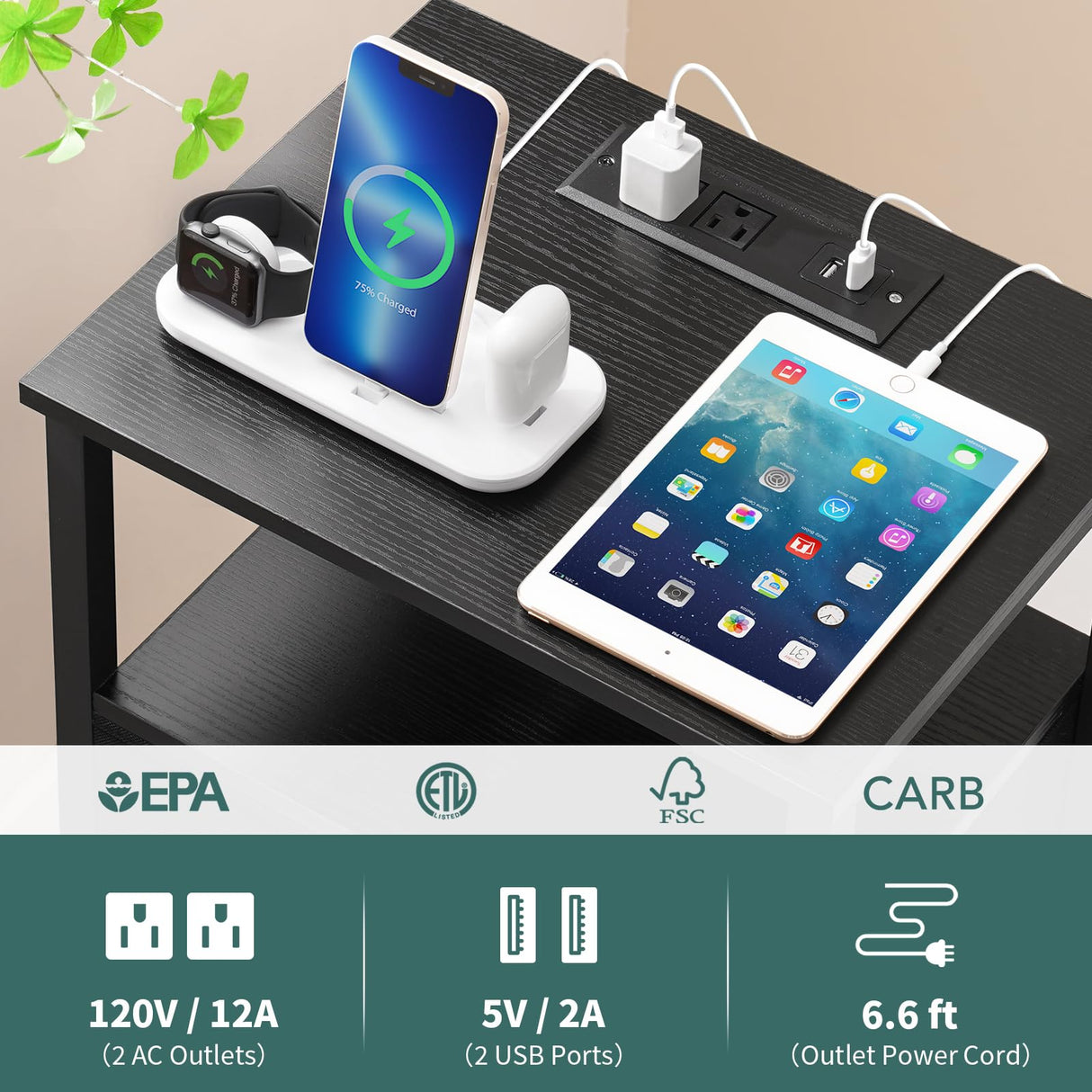 Yoobure Side Table with Storage, LED Night Stand with Charging Station, End Tables Living Room, Nightstand for Bedroom with Adjustable Fabric Drawer, 3-Tier Wood Bedside Table, Black Yoobure