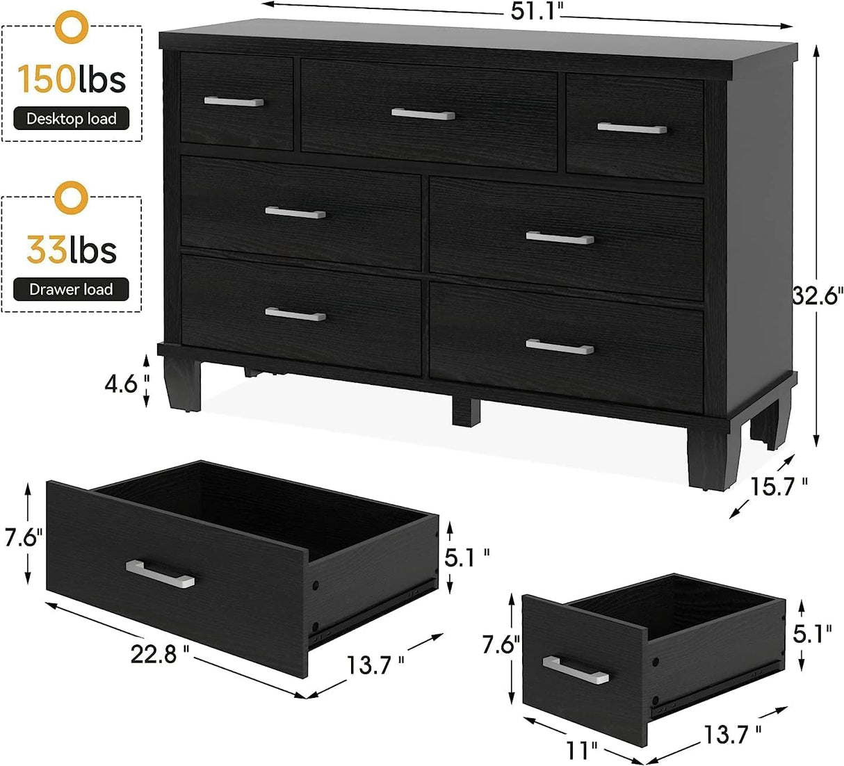 SUNNYFURN Dresser for Bedroom with 7 Drawer Modern Wooden Dresser - 3-Tier Drawer Chest, Entryway, Closet, Living Room, and Hallway Storage - Stylish & Functional Organizer Black SUNNYFURN