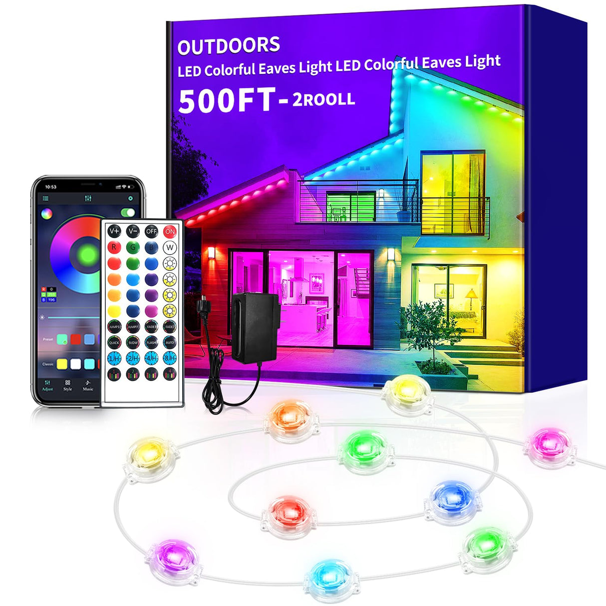 Yocrostar 500ft Permanent Outdoor Lights,RGB Eaves Light with App Control Remote,DIY IP67 Waterproof Under Eave Lighting,Outside led Lights for Christmas,Garden,House Decorations(2 Rolls 250ft) Yocrostar