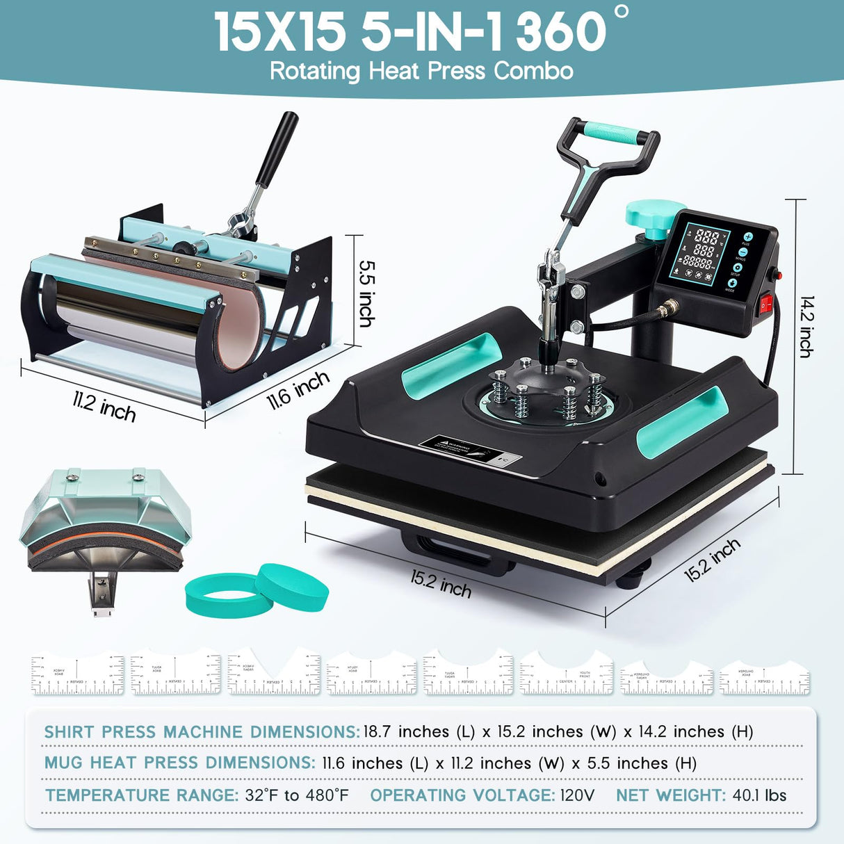 Specraft 5-in-1 Combo Heat Press, 15x15 360° Swing Away Heat Press Machine for T Shirts Mugs Hat Plate Cap, Digital Sublimation Machine, Green Black SPECRAFT