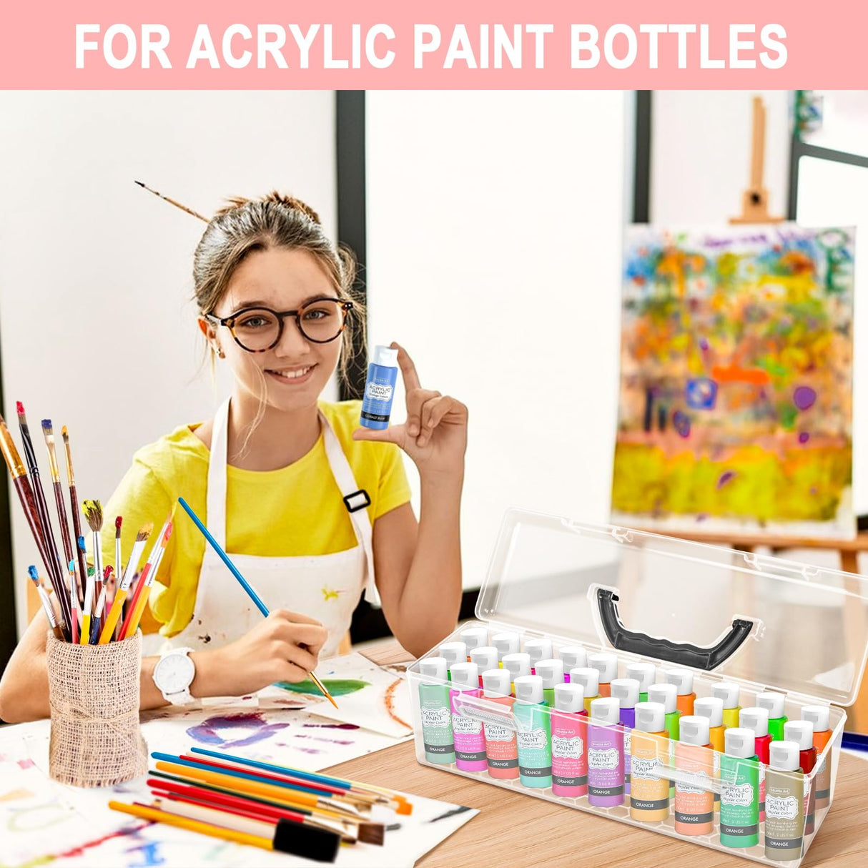 Vowcarol Acrylic Paint Storage Box, 30 Bottles Capacity Acrylic Paint Organizer for 2 fl. oz Bottles, Craft Organizer Vowcarol