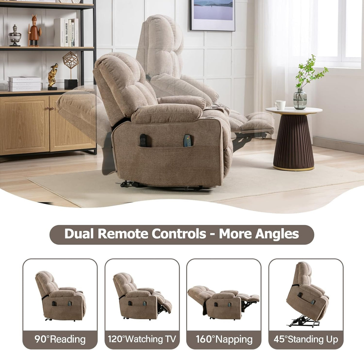 CANMOV Dual Motor Large Power Lift Recliner Chair for Elderly with Massage and Heat, Oversized Lay Flat Electric Lift Recliner, Heavy Duty Recliner Chair with USB Port, Side Pocket, Cup Holders, Brown CANMOV