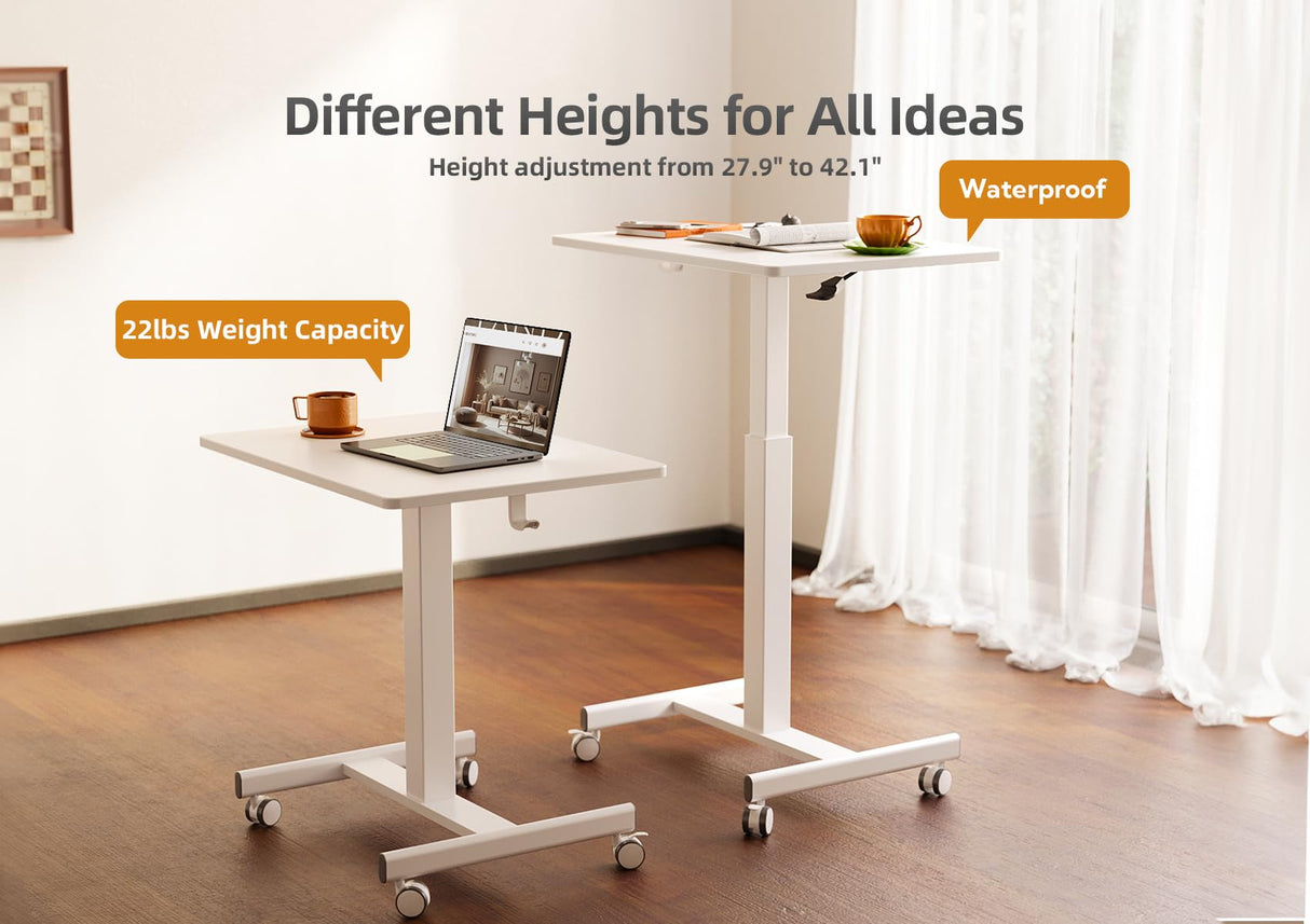 Claiks Mobile Standing Desk, Small Rolling Standing Desk, Mobile Desk Workstation with Wheels, Pneumatic Mobile Laptop Desk for Home Office with Hook, White Claiks