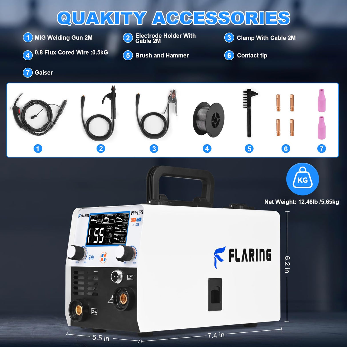 FLARING 155Amp MIG Welder, 110V Flux Core Welder Flux MIG/Lift TIG/Stick 3-in-1 Large LED Digital Display Welding Machine IGBT Inverter Gasless Welder Update FM155 FLARING