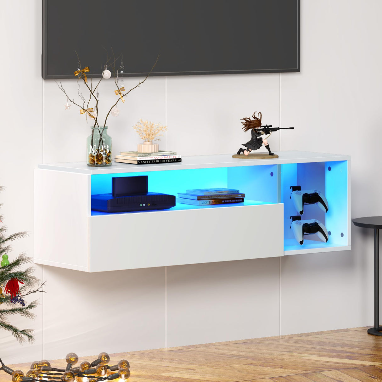 sogesfurniture 39.3'' Floating Wall TV Cabinet Stand with LED Lights, Wall Mounted Entertainment Center with Storage Shelves, Modern High Gloss Media Console for Living Room, Bedroom sogesfurniture