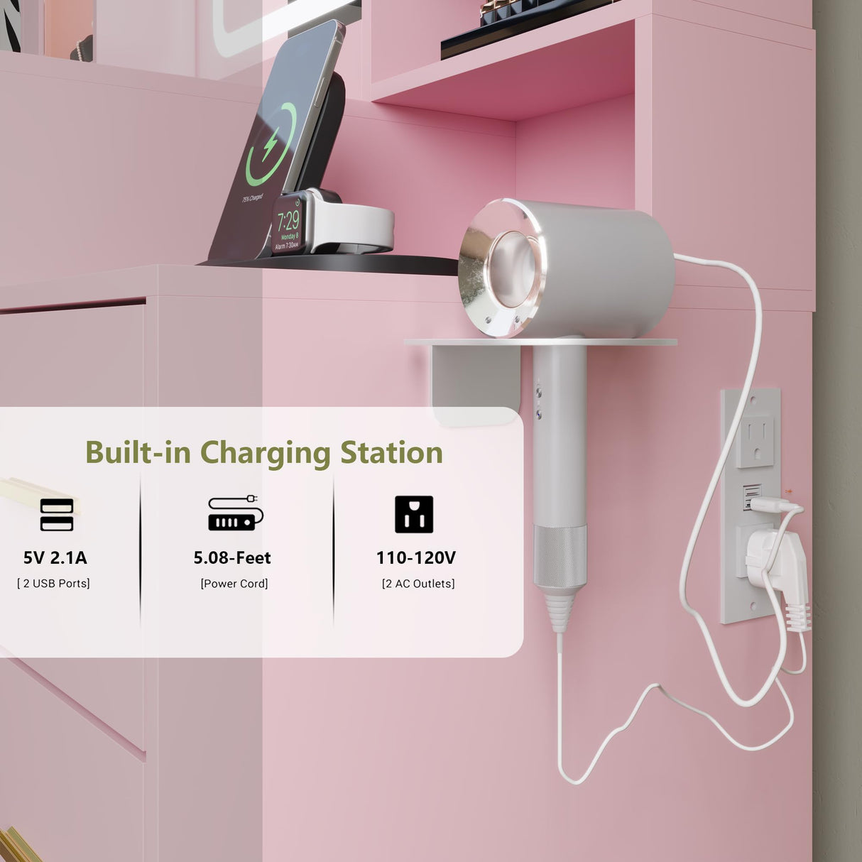 BORNOON Makeup Vanity with LED Light Strip Mirror and Chair, 7 Drawers & 2 RGB Cabinets White Vanity Makeup Desk with Power Strip, Adjustable LED Lighting, and Cushioned Stool for Women, Girls, Teens BORNOON