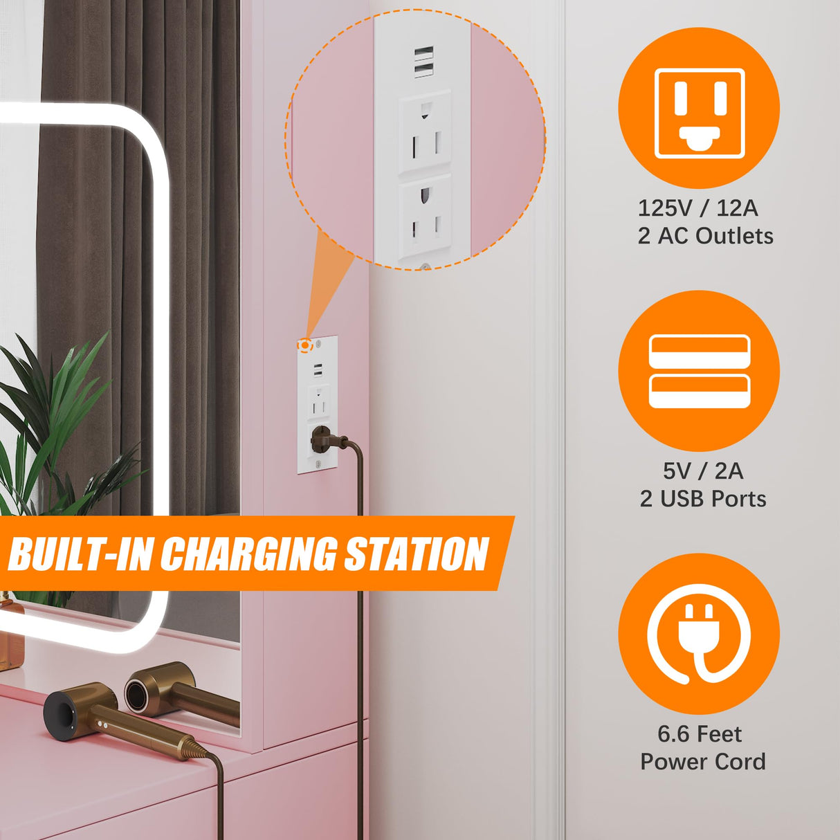 Patikuin Vanity Desk with Mirror and LED Lights, Makeup Vanity Desk with Sliding Lighted Mirror, Power Outlet, Dressing Table with 4 Drawers, Storage Shelves & Cushioned Stool for Bedroom, Pink Patikuin