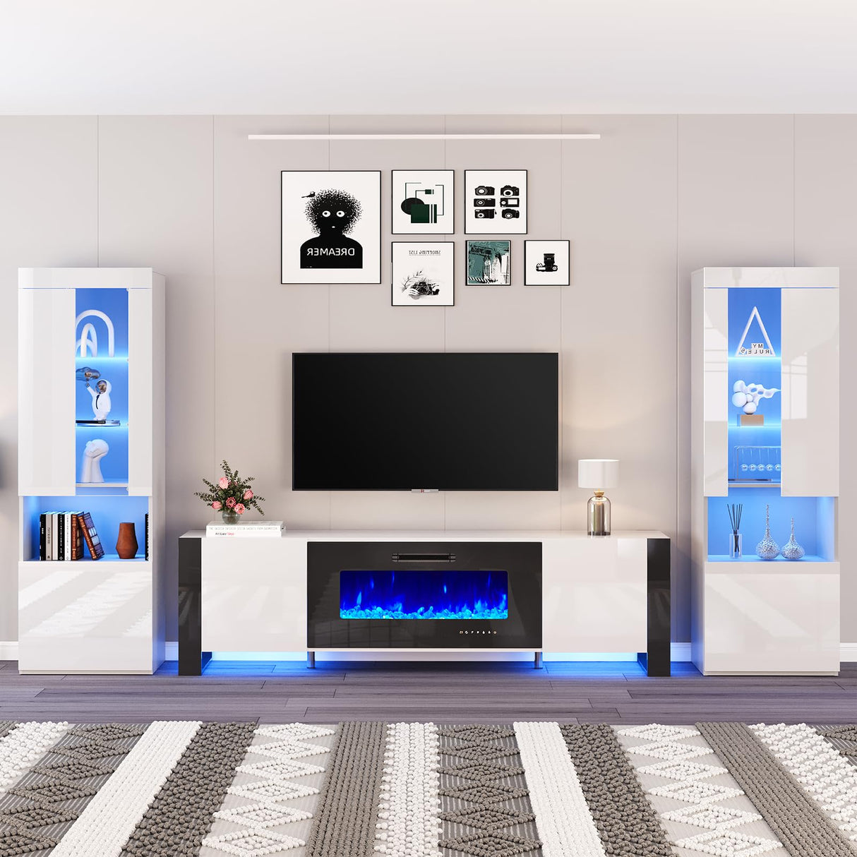AMERLIFE 80" Modern Fireplace TV Stand with 40" Electric Fireplace & 2 Large Storage LED Bookcases, 3 Piece Living Room Entertainment Center Set for TVs Up to 90in, White/Black AMERLIFE
