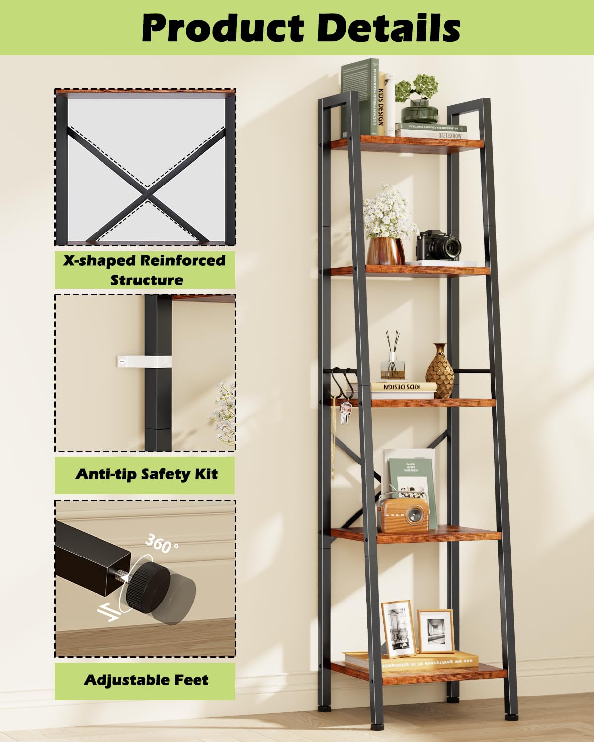 Furologee 5 Tier Ladder Shelf Bookcase, Tall Narrow Bookshelf with 2 Hooks, Rustic Brown Bathroom Corner Book Shelf, Metal Wood Book Case Standing Unit, Display Shelf for Living Room Office Kitchen Furologee