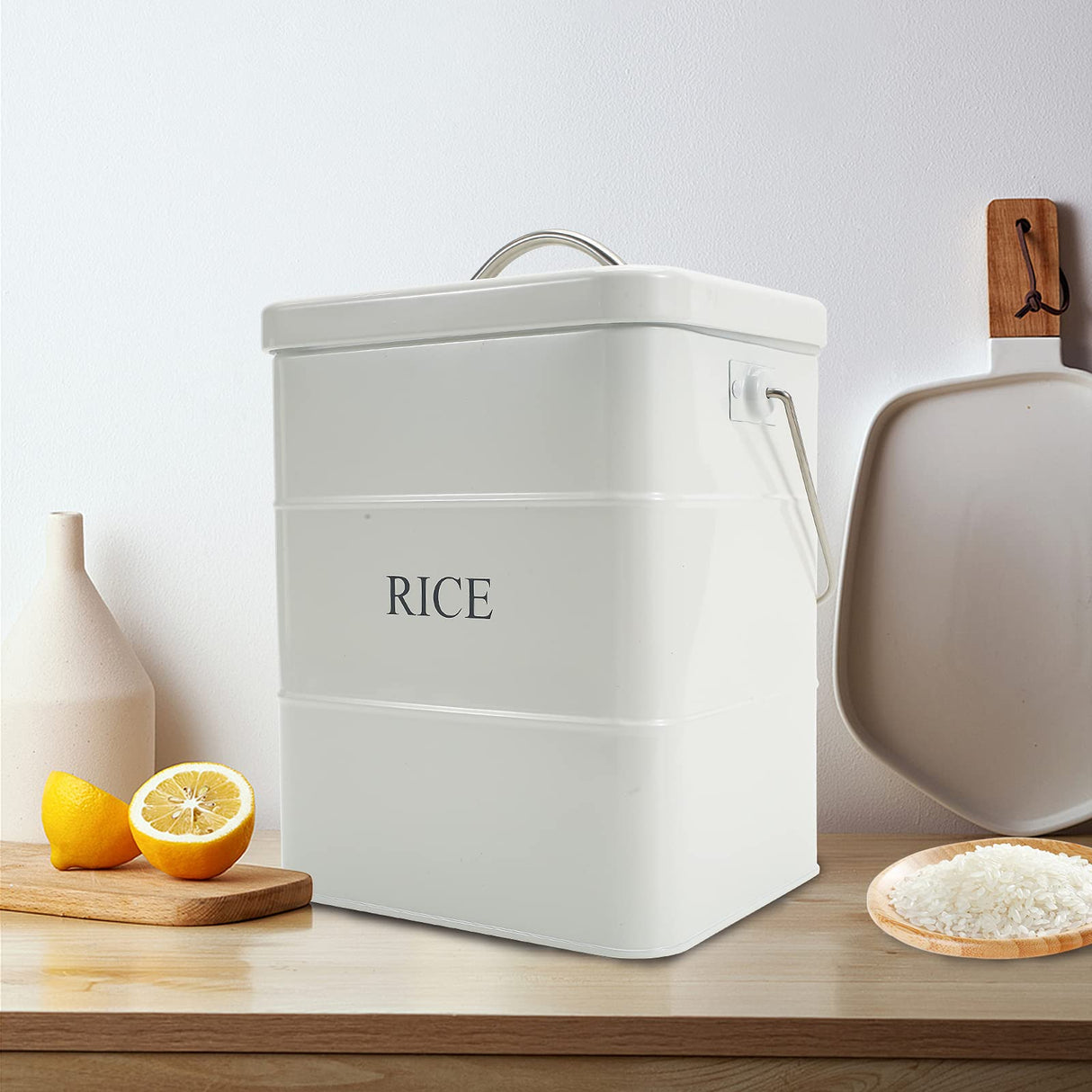 Xbopetda Metal Rice Storage Box, Square Rice Container with Lid and handle, Sealed Food Storage Bin for Kitchen, Countertop Organizer Jar for Rice Flour Soybean Grain Cereal-White Xbopetda