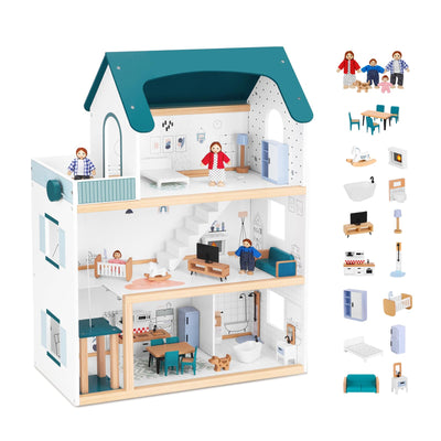 OOOK Wooden Dollhouse with Liftable Elevator - 2.6 Feet High Modern Doll House for Kids Toddlers - Including 21 Furniture Pieces, 4 Family Dolls, and