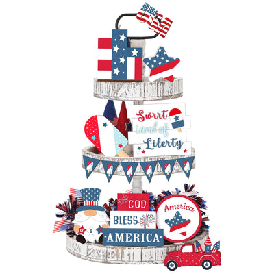 FairySandy 15 Pcs 4th of July Tiered Tray Decor Patriotic Table Decoration Memorial Day Independence Day Wooden Sign Red White Blue Gnome USA Flag Tiered Tray Decor Set for Home Table