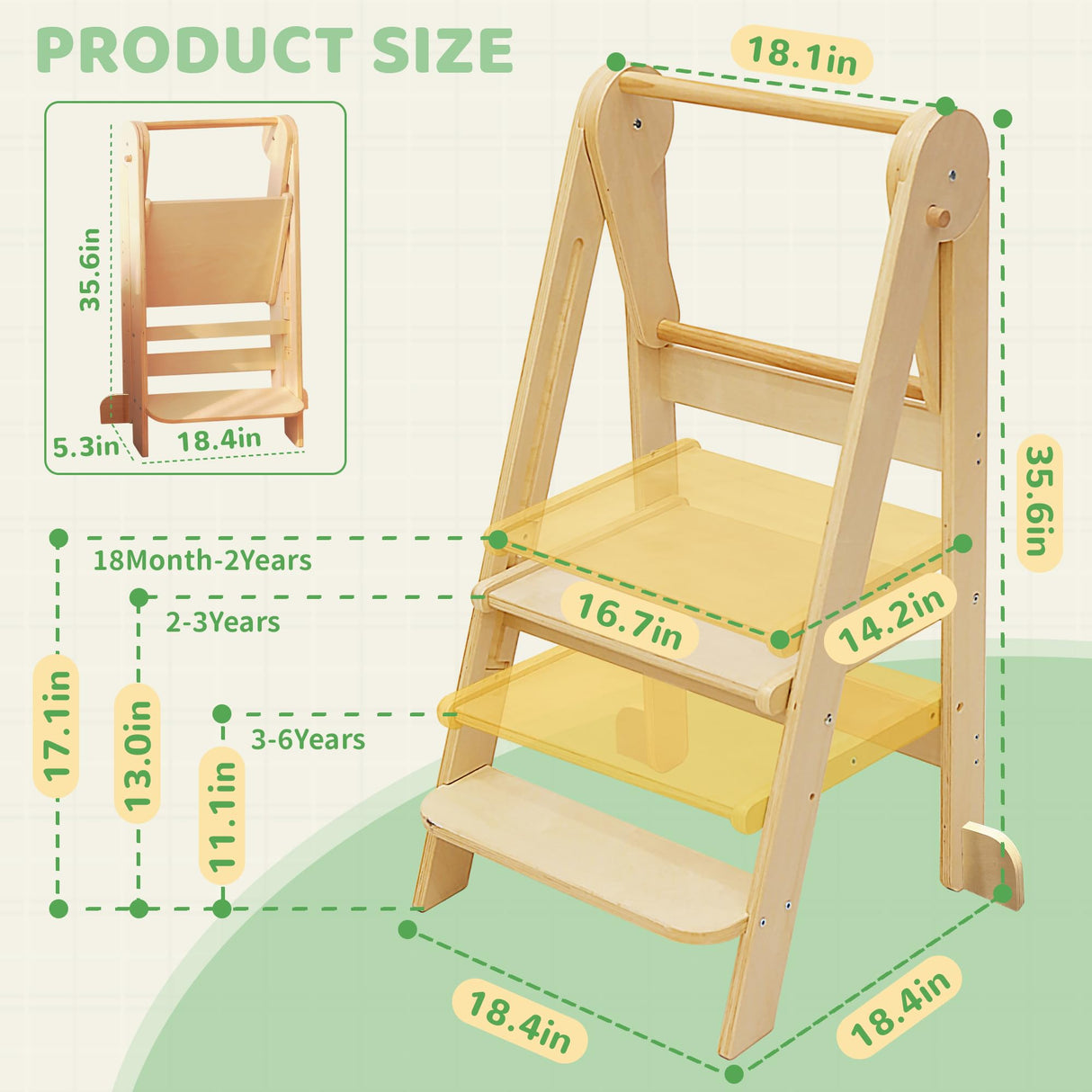 Foldable Toddler Tower 95% Preassembled Kitchen Stool Helper Folding Step Stool for Kids Montessori Toddler Standing Tower with 3 Adjustable Height Helper Tower for Kitchen Counter Sink Natural SHWWQUE