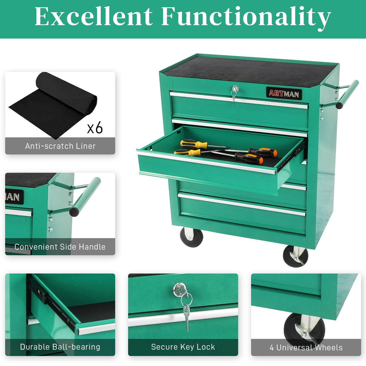 WTRAVEL Rolling Tool Chest with 5-Drawer Tool Box with Wheels Multifunctional Tool Cart Mechanic Tool Storage Cabinet for Garage, Warehouse, Workshop, Repair Shop (Green) WTRAVEL