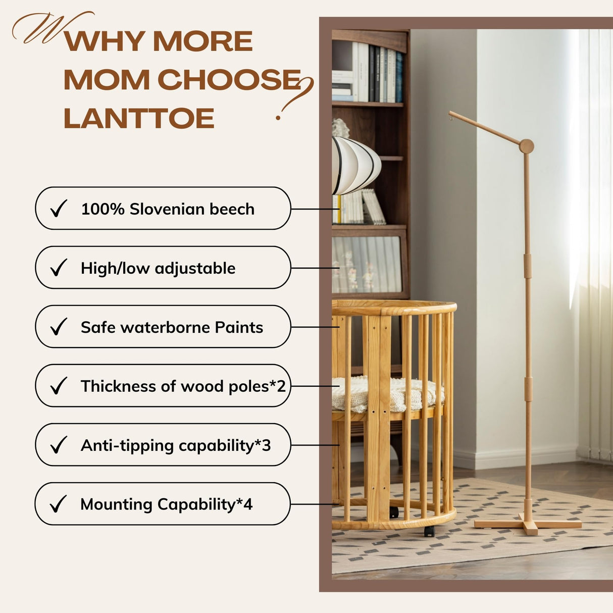 Lanttoe Crib Mobile Arm Wooden Floorstanding - 61 Inches Mobile Arm for Crib|Movable Baby Mobile Hanger|Strong Anti-Dumping Attachment|100% Natural EU Beech Wood|Thicker Wooden Pole|Boho Nursery Decor Lanttoe