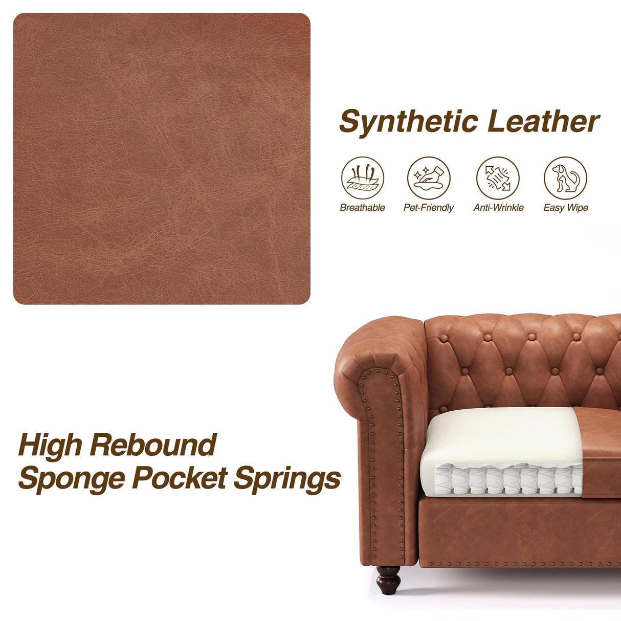 FiveWillowise 72 Inch Brown Couch, Chesterfield Faux Leather Sofa with Wooden Legs, Vintage Tufted Sofa with Rolled Arms, Mid Century Modern Couch with Rivets for Living Room, Apartment, Office FiveWillowise