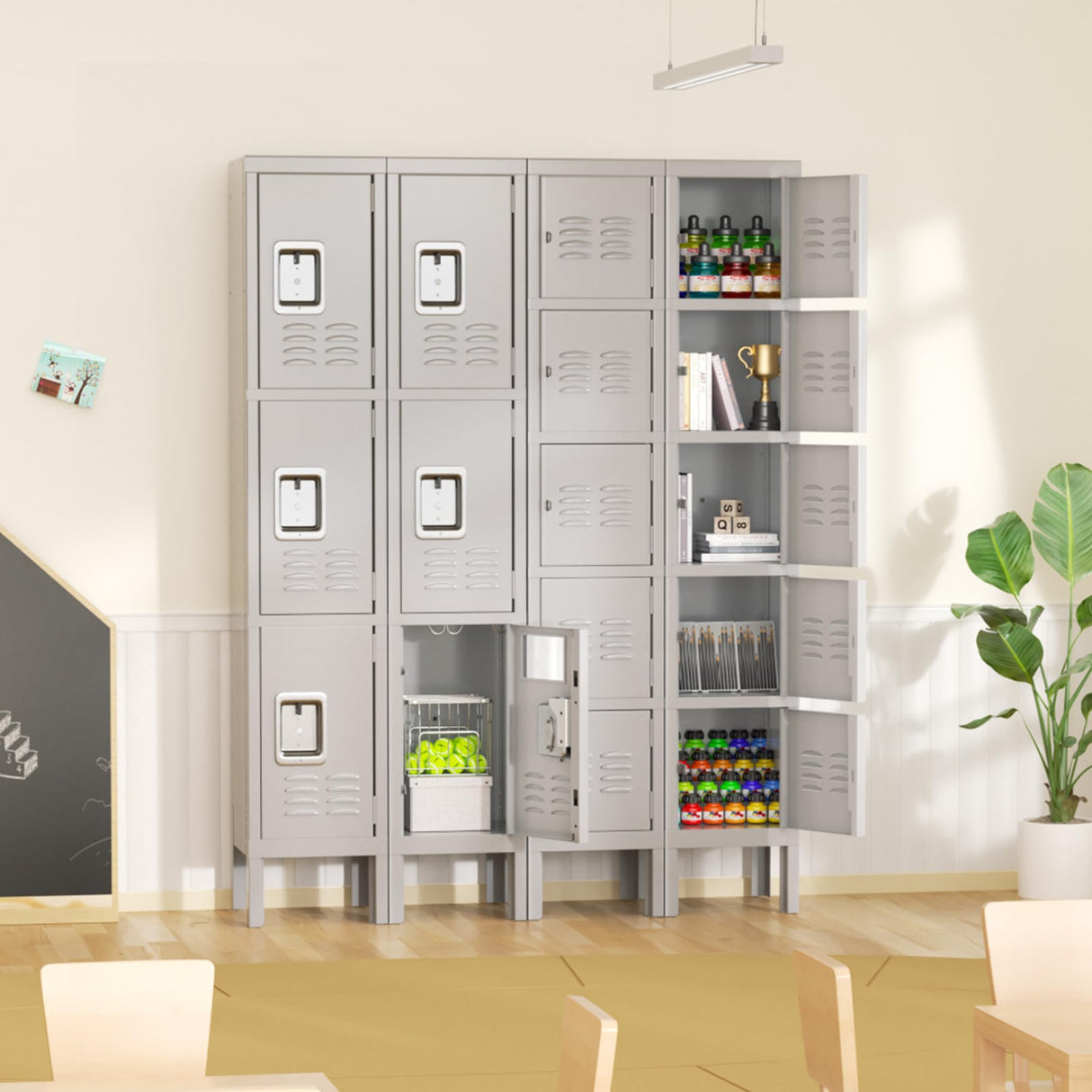 Pataku Metal Lockers for Employees, 3-Tier Storage Locker, Steel Locker Cabinet for School, Home, Gym, Office, Garage with Mirrors, Screwdriver, Gloves, Hooks, Unassembled (Grey,3-Tier) Pataku