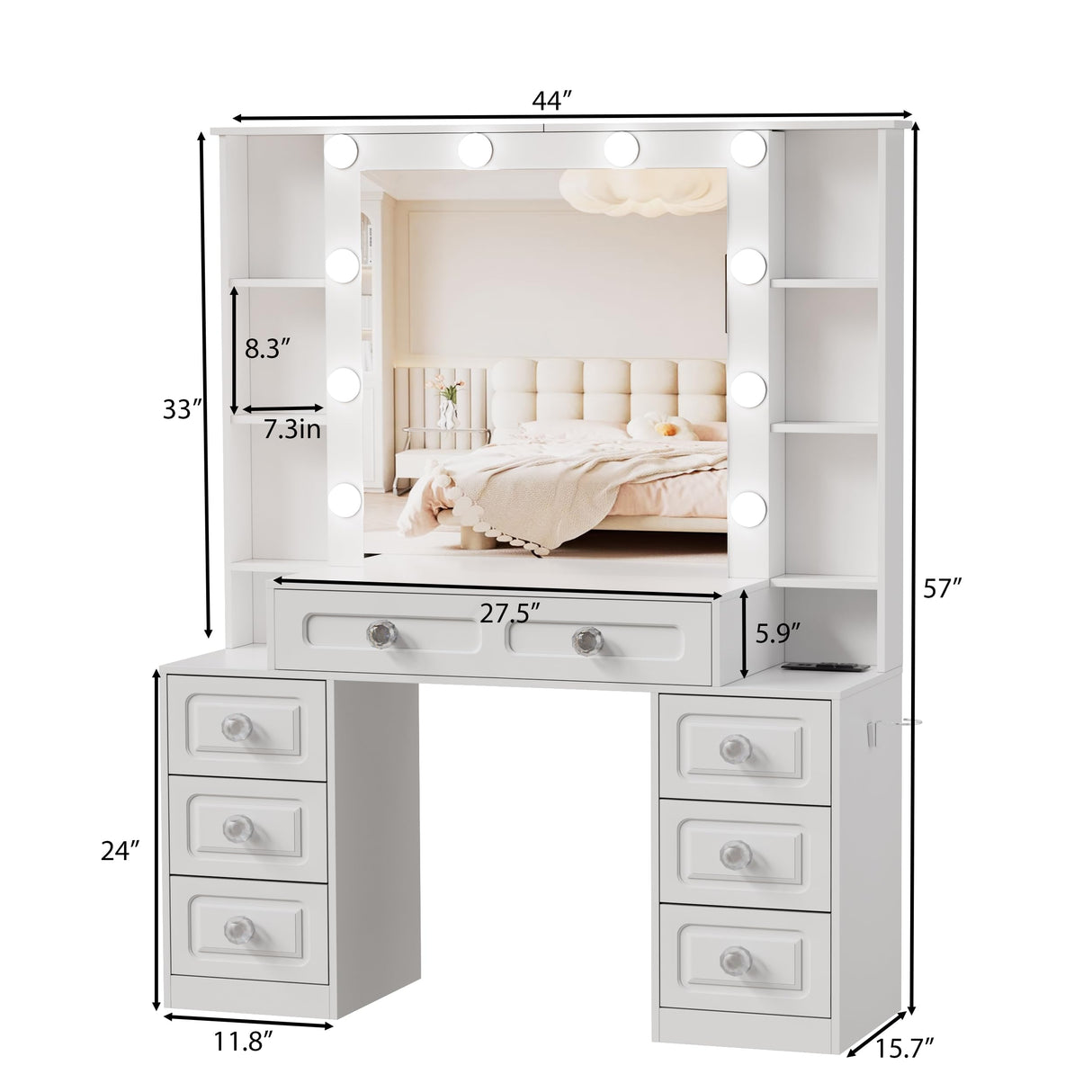 FURNJOYLIFE Farmhouse Makeup Vanity with Lighted Mirror & Charging Station, Vanity Desk Dresser Table with 3 Lighting Modes Brightness Adjustable,Drawers,Shelves,Hair Dryer Stand for Bedroom,White FURNJOYLIFE