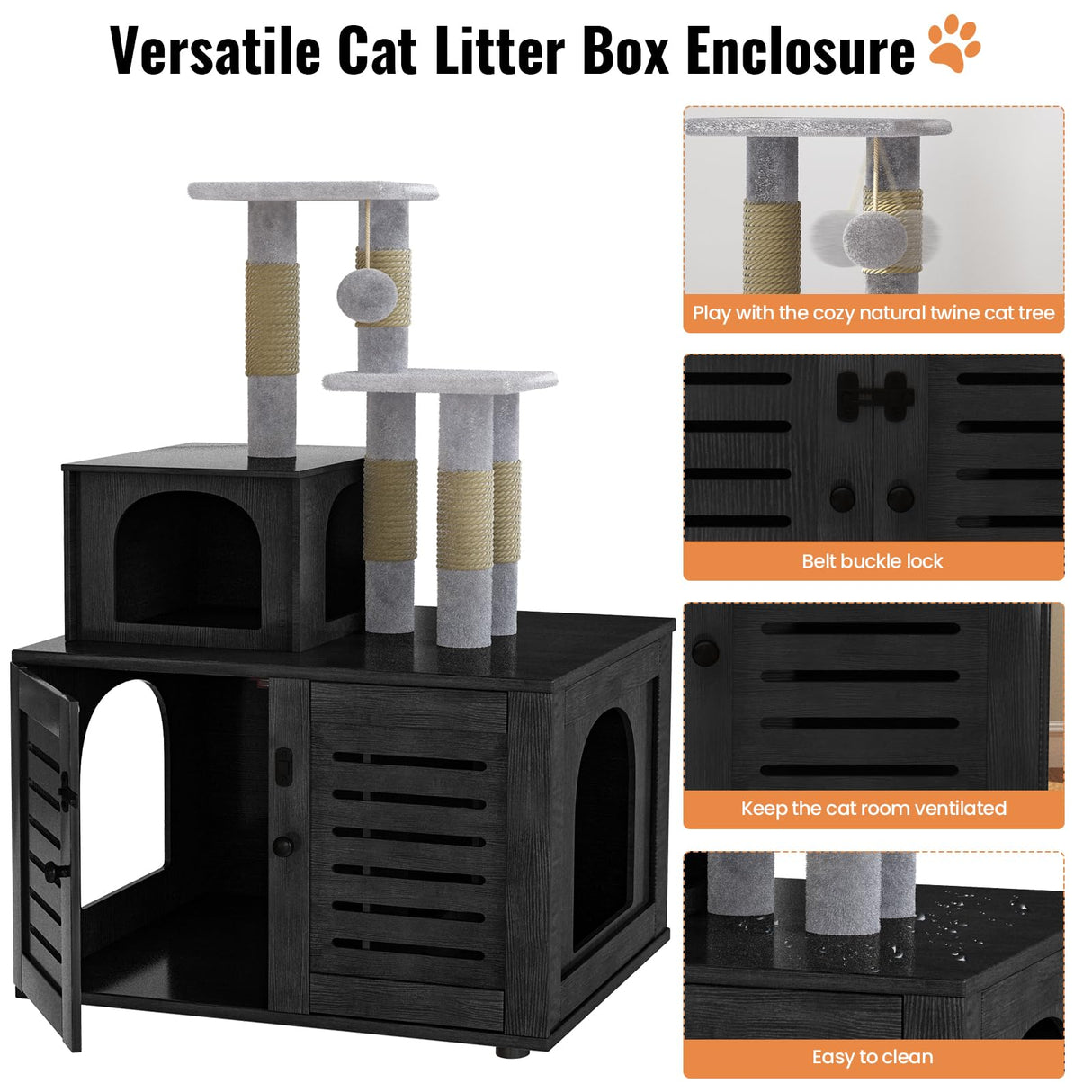 DKLGG Large Wooden Cat Tree House with Hidden Litter Box Enclosure | Multi-Functional Cat Furniture Featuring Sisal Scratching Post, Plush Perch Platform & Divided Condo for Indoor Cats (Black) DKLGG