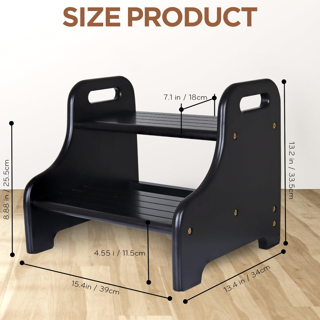 Acacia 2-Step Stool for Kid, Toddler Wood Step Ladder with 2 Handles, Safe Non-Slip Bottom, Rounded Corners, Supports up to 300 lbs, Perfect for Bathroom Bedroom (Black) Demigo