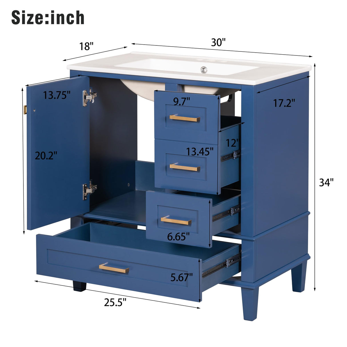 30" Bathroom Vanity with Sink, 30 Inch Bathroom Vanity with Top, 3 Drawers and 1 Soft Closing Door, Modern Bathroom Vanity with Sink 30 Inch for Bathroom (Blue) Mirightone