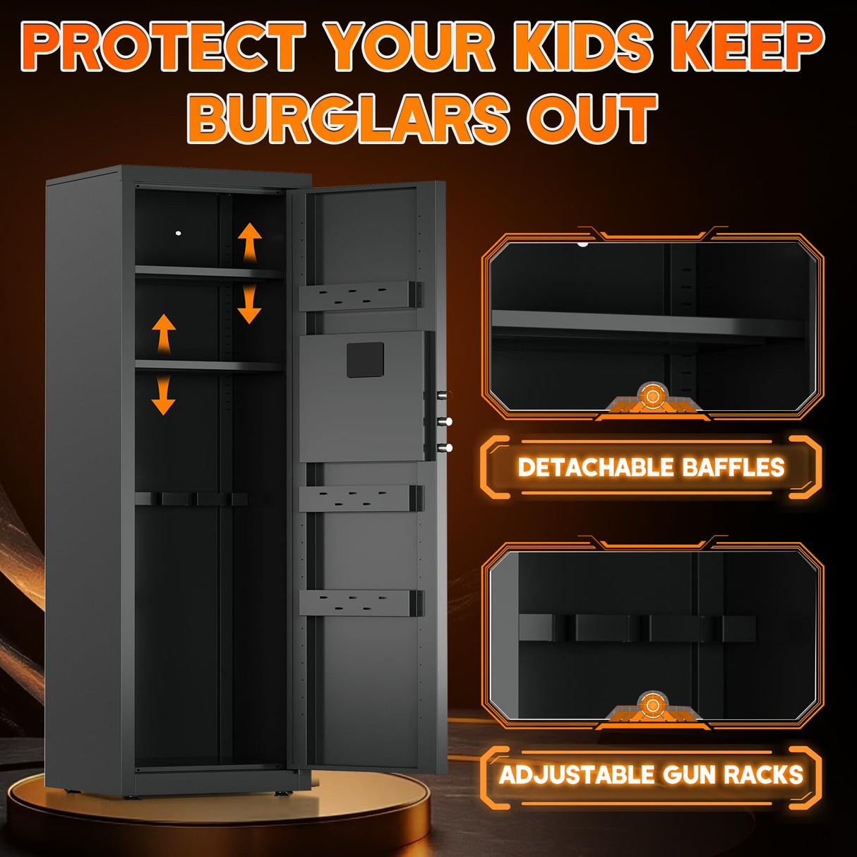 6-9 Gun Safe for Rifles and Pistols, Quick Access Electronic Key Lock, Alarm Mute Function, Black Steel, Adjustable Shelves & Gun Racks, Floor Mount Karuikev