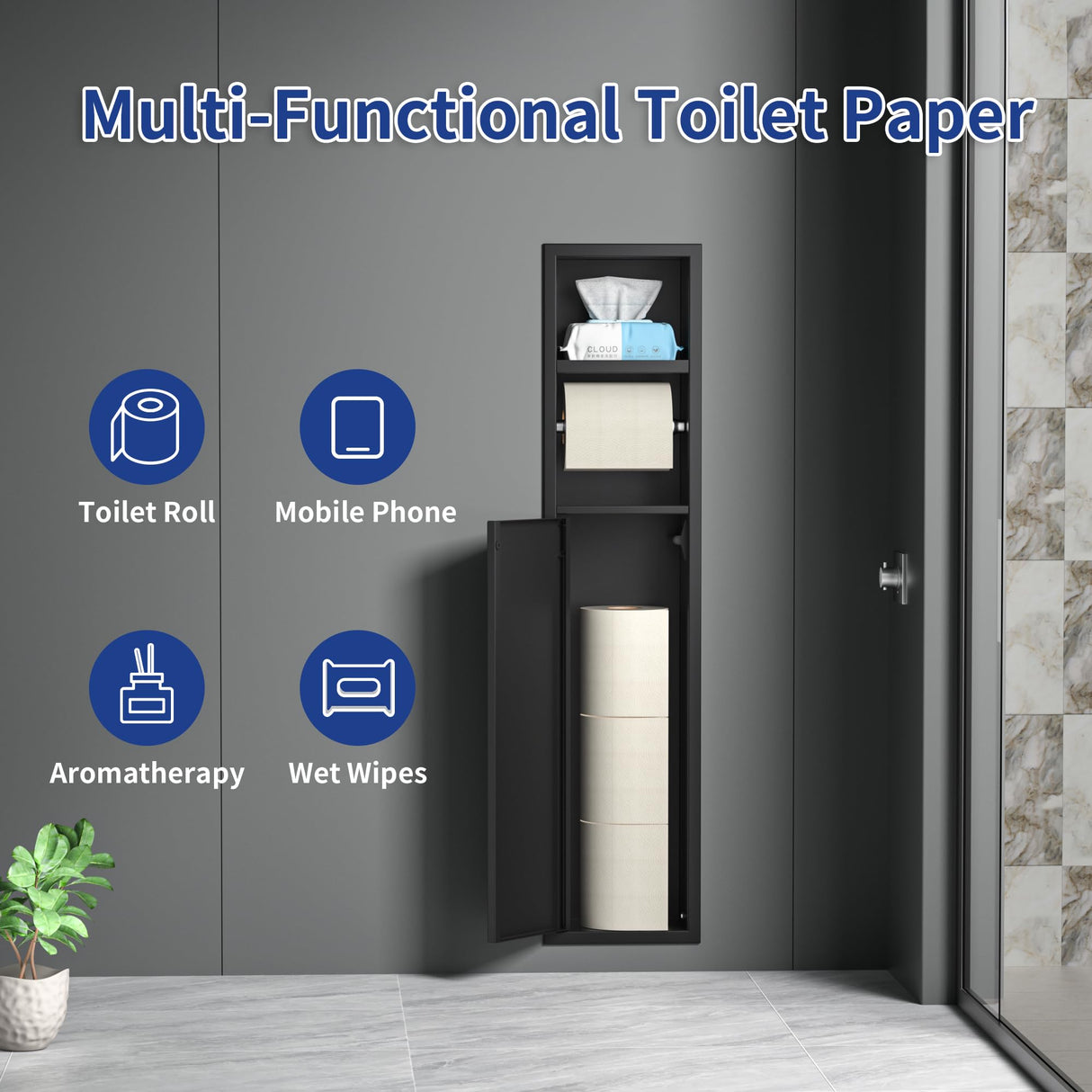 Bernkot in Wall Toilet Paper Niche w/Shelf, Recessed Toilet Roll Holder for Bathroom Remodeling, 304 Stainless Steel Covered Brush Holder (Matte Black) Bernkot