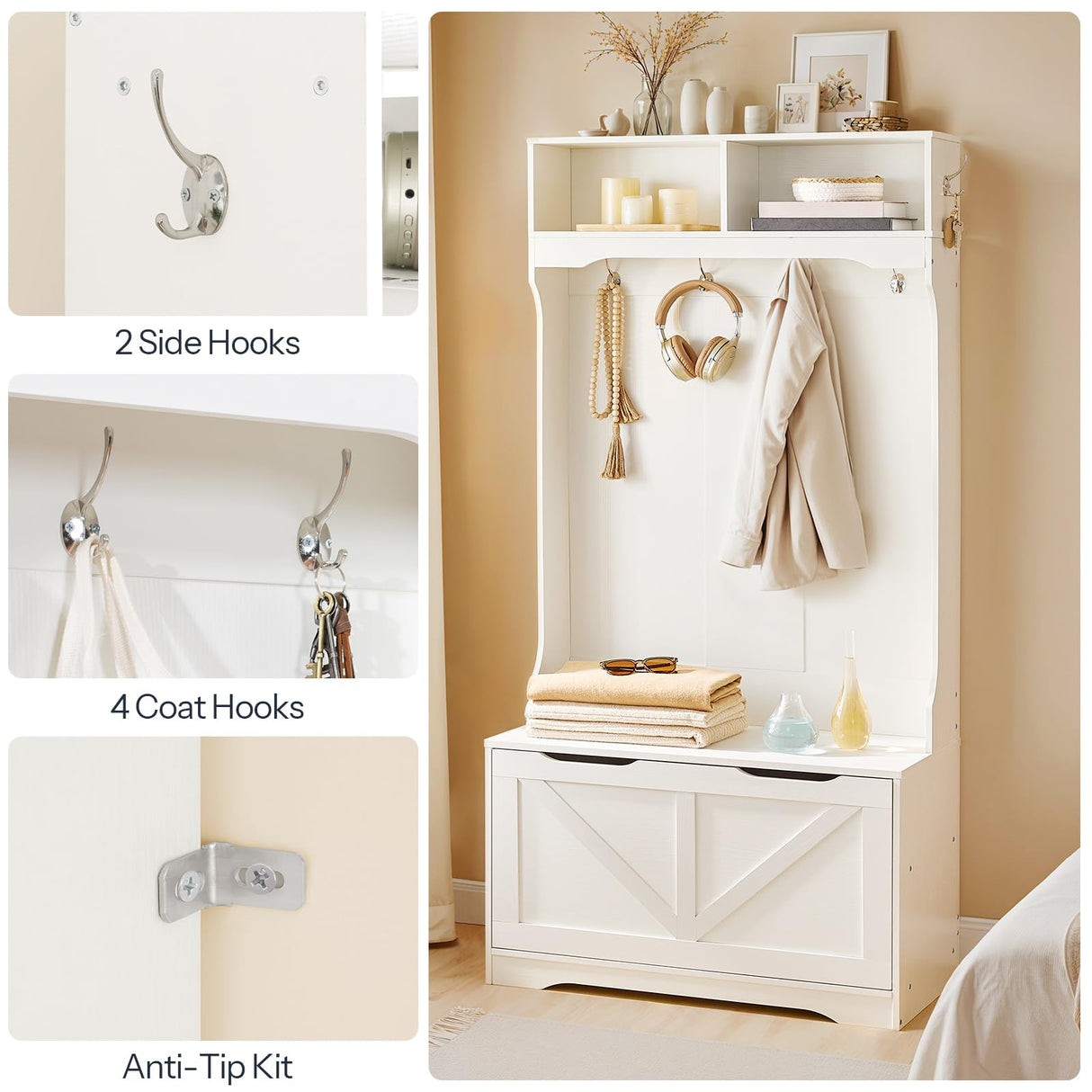 HOOBRO Hall Tree with Bench and Shoe Storage, Entryway Bench with Coat Rack and Shoe Cabinet, Flip-Down Cabinet Door, Coat Rack with Shoe Rack, for Mud Room, White WT84MT01 HOOBRO