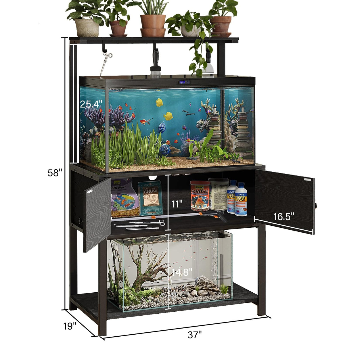 Fienveorn 40-50 Gallon Fish Tank Stand with LED Light Power Outlets,Heavy Duty Metal Aquarium Stand with Storage Shelf and Moveable Hooks,Turtle Reptile Terrariums Stand,Black Halitaa