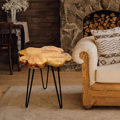 Warmaxx Natural Cedar Wood Live Edge Coffee Table 16" x 16" x 21" H Accent Vintage 4 Leaf Clover Wooden Side Table Solid Rustic Plant Stand Outdoor End Table Living Room Bedroom Sitting Area