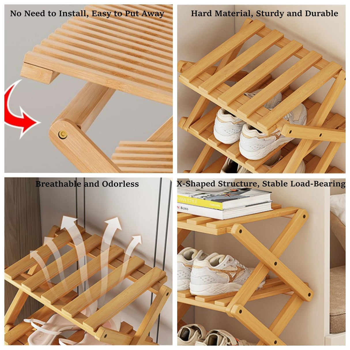 XZXWZX Shoe Rack, Bamboo Foldable Shoes Organizer Free Standing Shelf for Entryway, Closet, Bedroom, Hallway, | Natural | Functional | Multifunctional Shoe Rack (Wood Color) 5 Layers XZXWZX