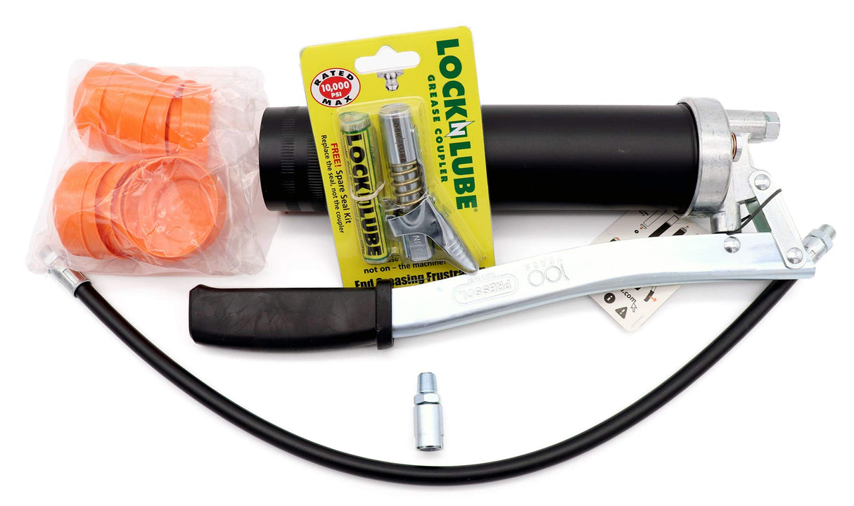 LockNLube Easy-Prime Lever Grease Gun. includes our patented Grease Coupler (locks on, stays on, won't leak!) plus a 20" hose and in-line hose swivel. LockNLube