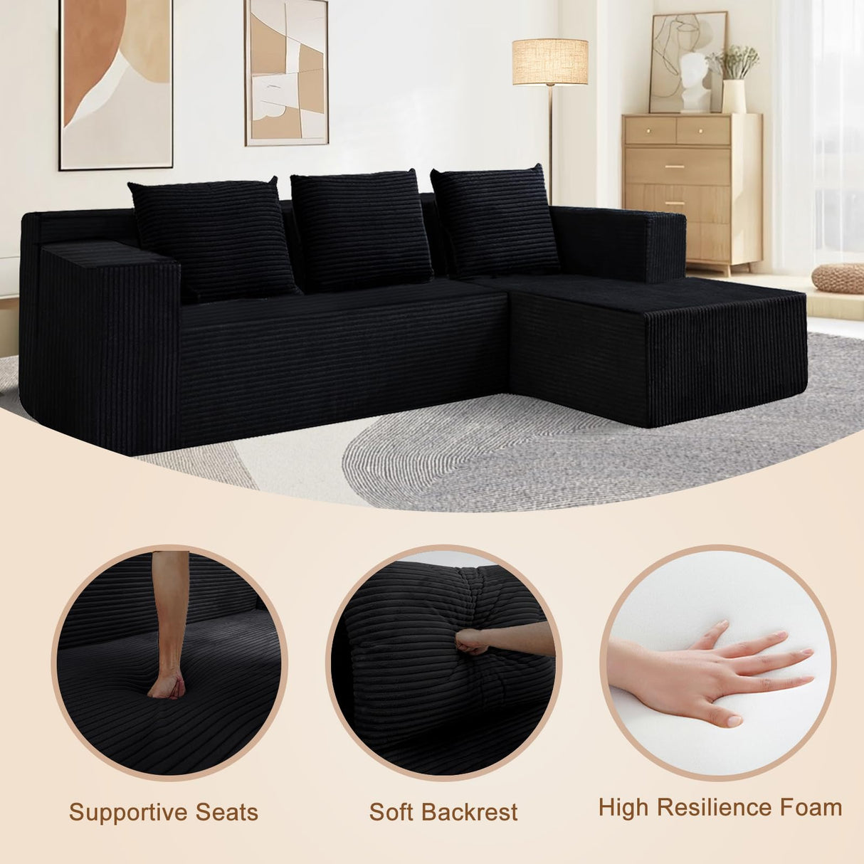 Nigoone Cloud Sectional Sofa, Boneless Couch for Living Room, No Assembly Required, Deep Seat, Modern Minimalist Modular Couch, Free Combination, 103" L-Shape with Chaise, Plush Corduroy, Right Nigoone