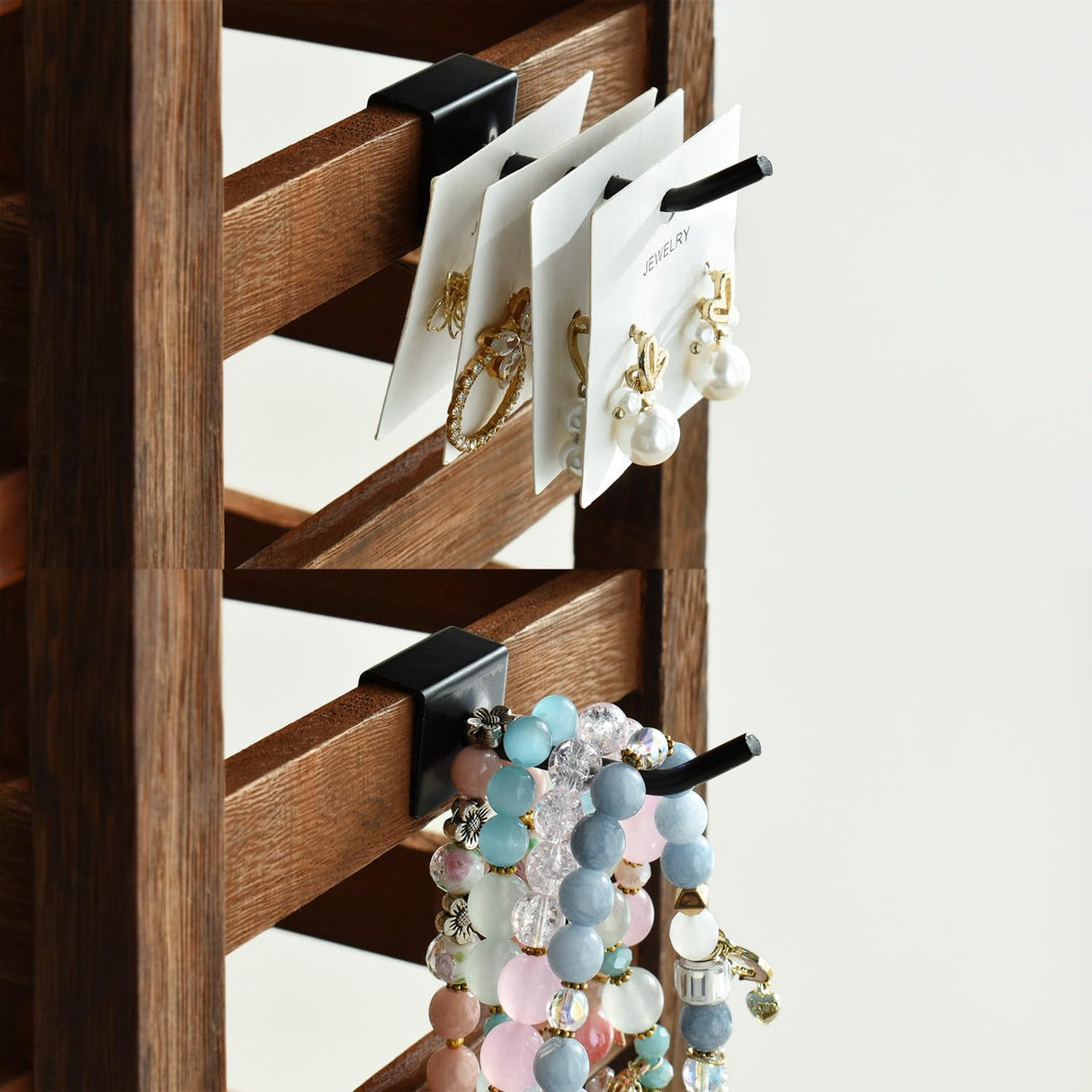 Ikee Design 5 Tiers Easy Assemble Wood Rotating Jewelry Display Tower with 42 Removable Hooks,Spinning Earring Card Storage Display Stand for Store, Showcase, Tradeshow and Home,Brown Color Ikee Design