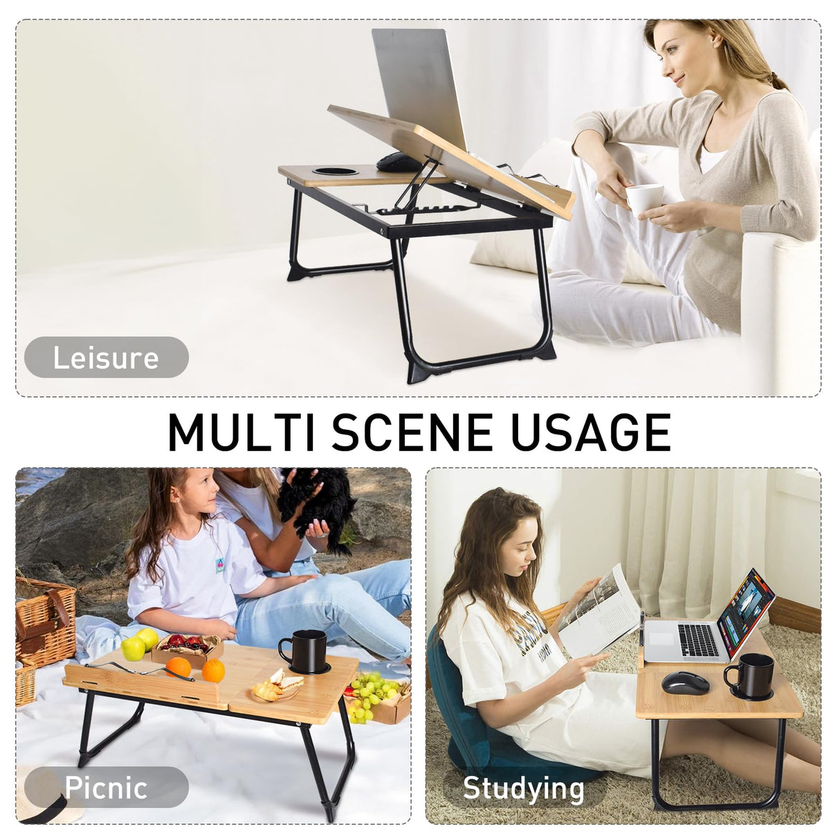 wishacc Book Stand for Reading in Bed, Bamboo Laptop Stand Adjustable Book Holder Tray with Page Paper Clips Multi Angles Adjustable Cooking Bookstands for Textbook Recipe Magazine Tablet Portable wishacc