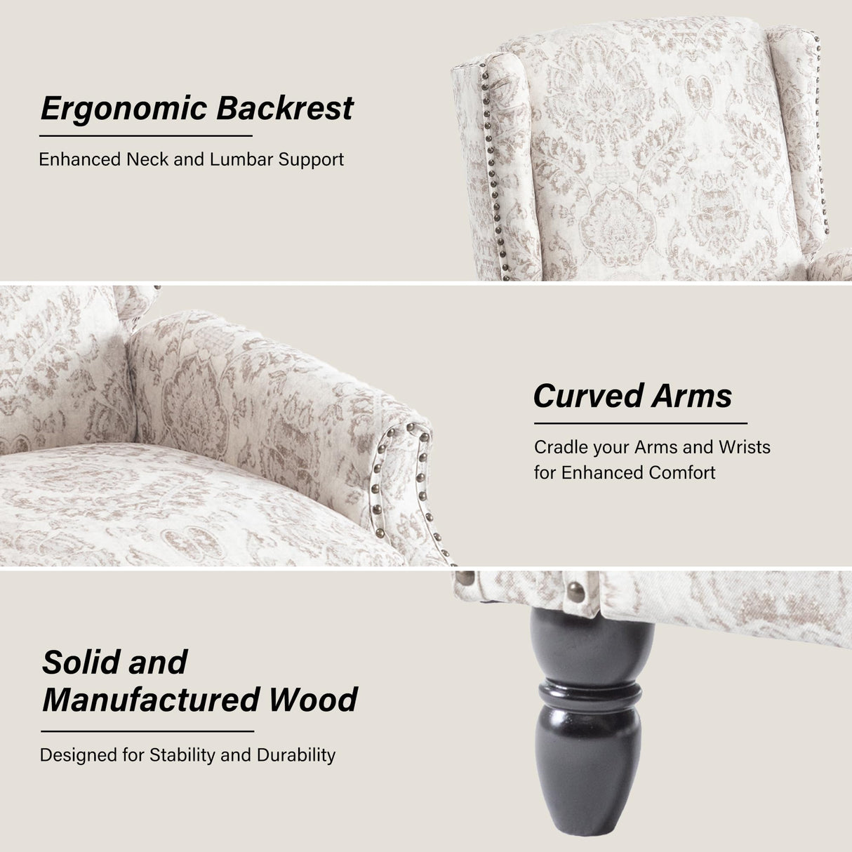 Recliner Chair, Upholstered Wingback Floral Pushback Armchair with Adjustable Backrest & Footrest, Comfy Accent Chair Reading Single Sofa for Small Spaces, Living Room, Bedroom (Beige, Set of 1) DREAMSIDEA