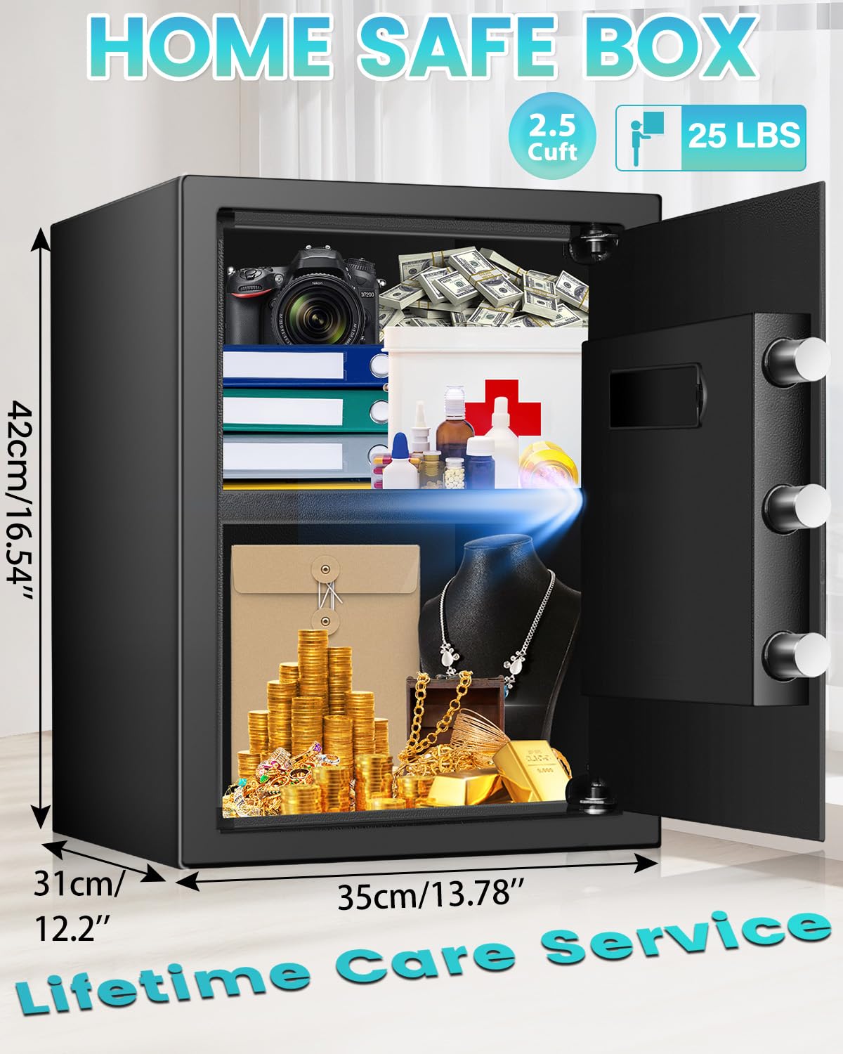 2.5 Cuft Fireproof Safe Box, Home Safe with Fireproof Waterproof Bag, Anti-Theft Digital Security Safe Box with Smart Alert System, Removable Shelf, Mute Function, Personal Safe Box for Money Jewelry FOWORE