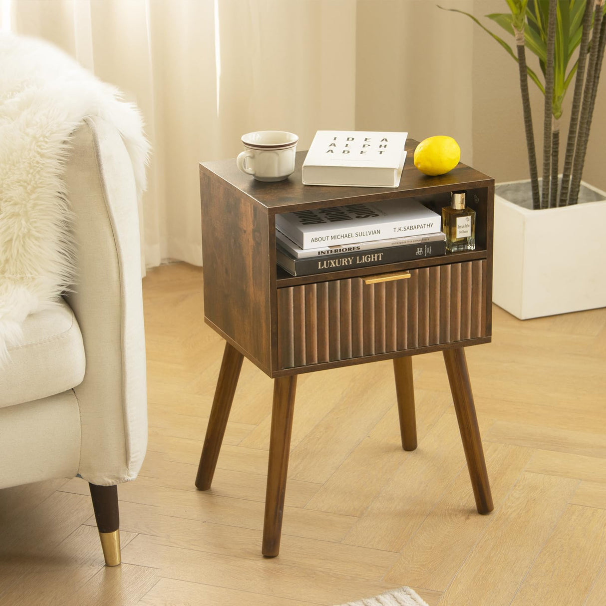 Fultyle Walnut Nightstand, Wooden Bedside Table with Fluted Drawers and Open Shelf, Night Stand Wood for Bedroom, Living Room and Small Space (Rustic Brown) Fultyle