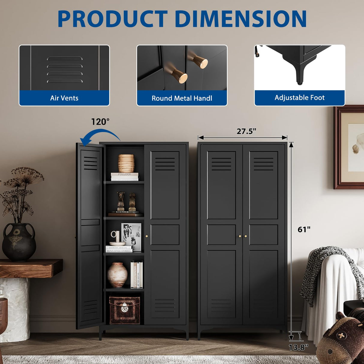 Fesbos Metal Storage Cabinet-61” Tall Steel File Cabinets with Doors and 4 Adjustable Shelves-Black Steel Storage Cabinet for Home,Kitchen, School, Office, Garage Fesbos