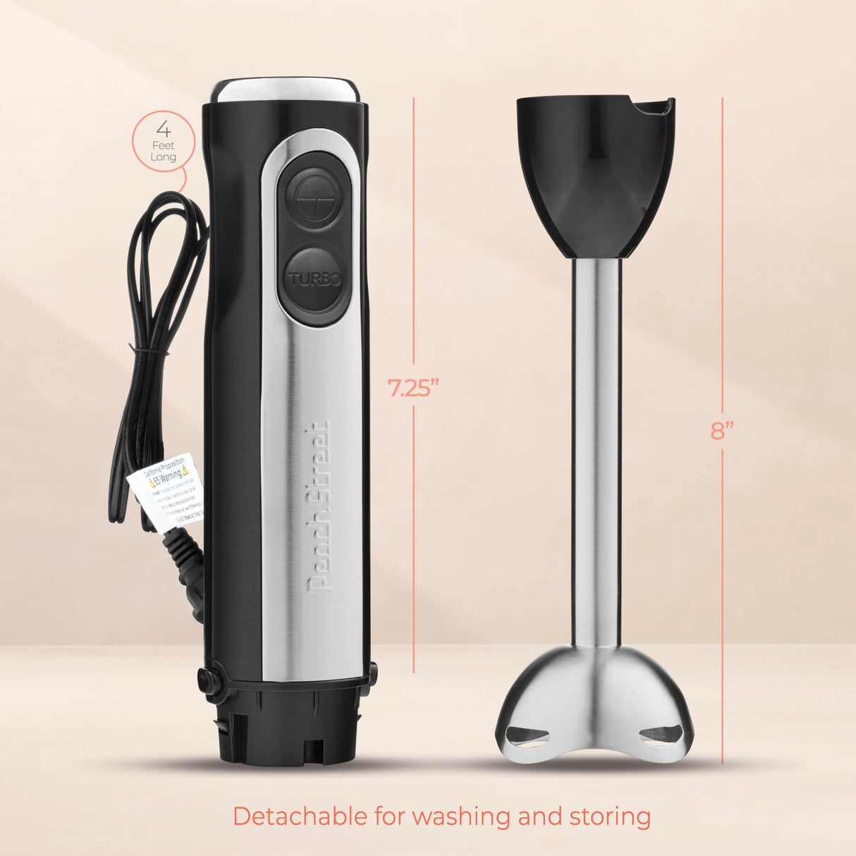 Powerful Immersion Blender, Electric Hand Blender 500 Watt with Turbo Mode, Detachable Base. Handheld Kitchen Gadget Blender Stick for Soup, Smoothie, Puree, Baby Food, 304 Stainless Steel Blades Peach Street
